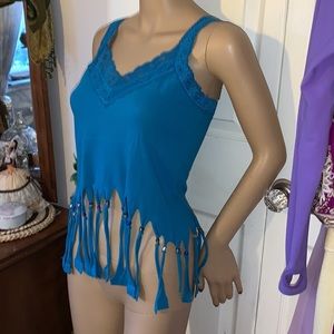 Hand beaded fringe turquoise teal tank top Upcycled and unique ooak  S M